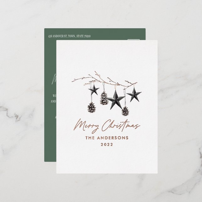 Black green modern scandi botanical Christmas Foil Holiday Postcard (Front/Back)