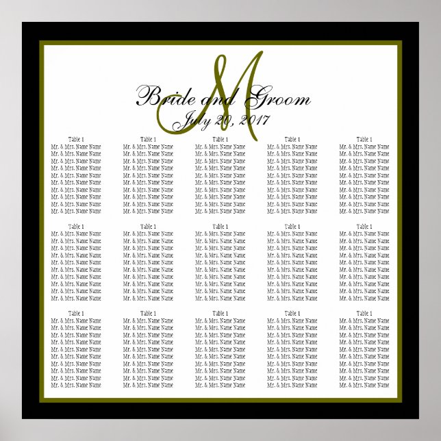 Black Green Monogram Wedding Seating Chart 150 (Front)
