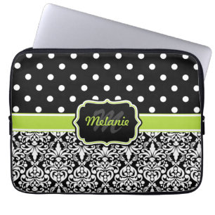 Black Green Monogrammed Damask Polka Dot Laptop Sleeve