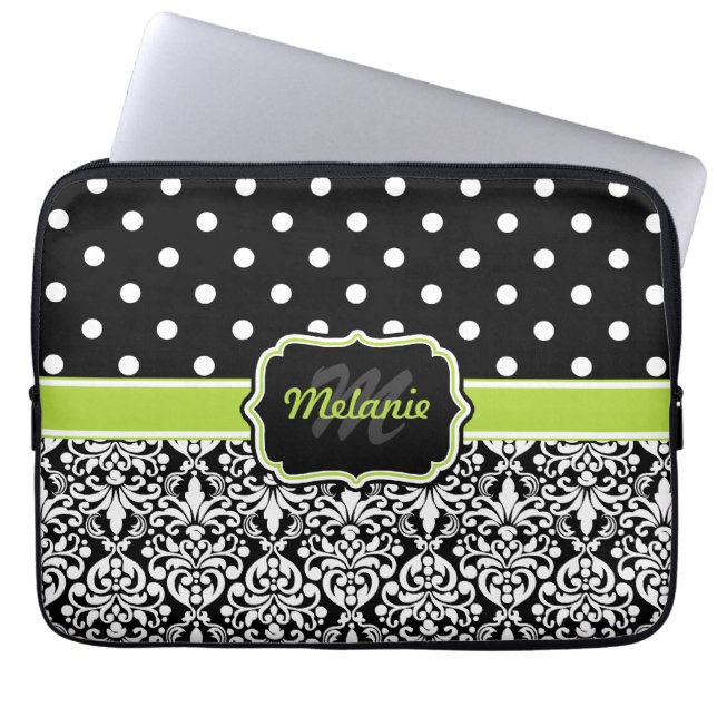 Black Green Monogrammed Damask Polka Dot Laptop Sleeve (Front)