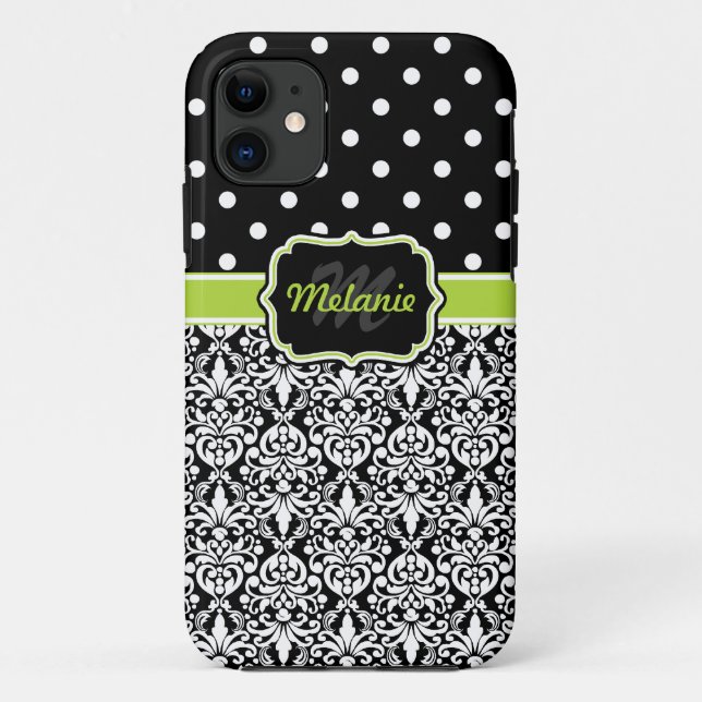 Black Green Monogrammed Damask Polka Dots Pattern Case-Mate iPhone Case (Back)