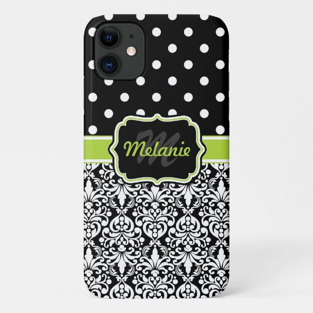 Black Green Monogrammed Damask Polka Dots Pattern Case-Mate iPhone Case (Back)