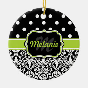 Black Green Monogrammed Damask Polka Dots Pattern Ceramic Tree Decoration