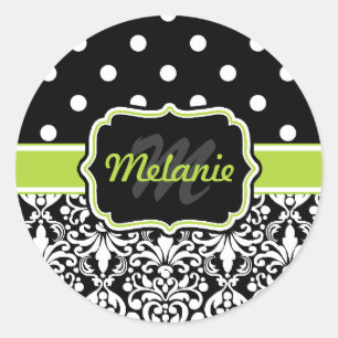 Black Green Monogrammed Damask Polka Dots Pattern Classic Round Sticker