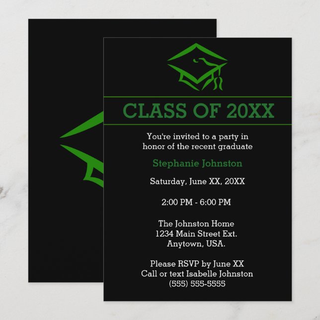 Black Green Mortarboard Simple Graduation Party Invitation (Front/Back)