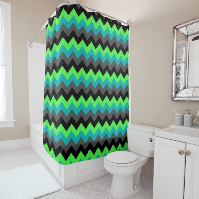 Black Green Ombre Chevrons Shower Curtain (In Situ)