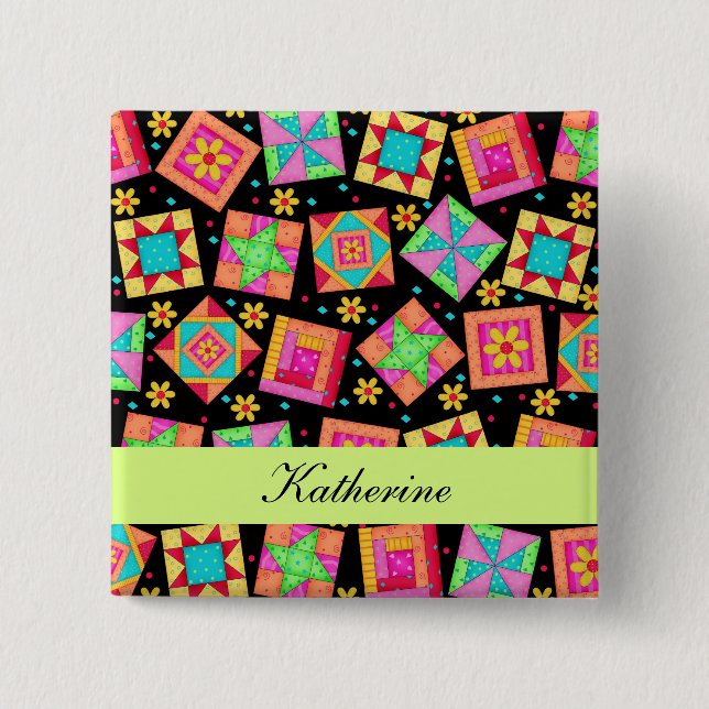 Black Green Patchwork Quilt Blocks Name Badge (Front)