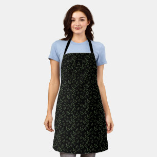 Black green pattern leaves name letter elegant apron
