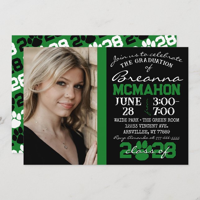 Black & Green Paw Graduation Photo Invitation ( Repeating Class Year 1 & 2 Photo Graduation Invitations & Announcements)