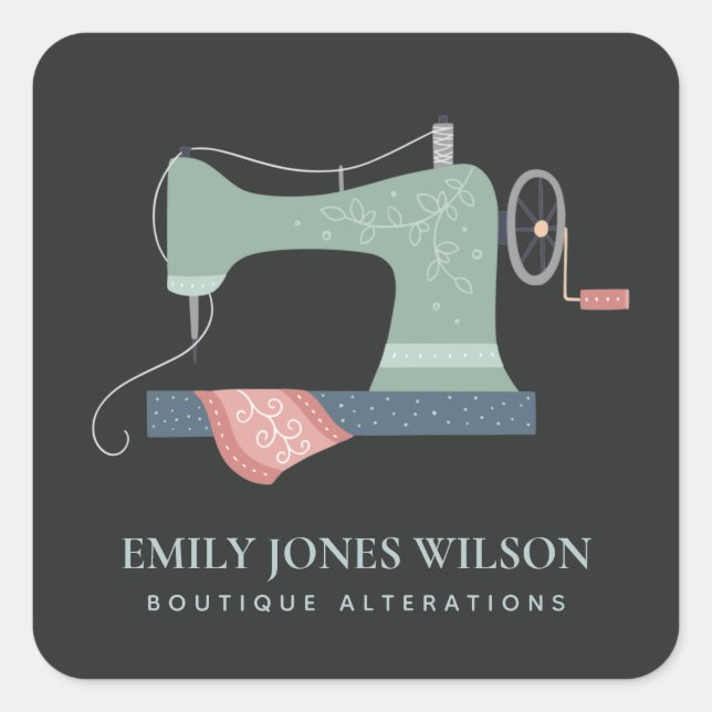 BLACK GREEN PEACH BLUE PINK SEWING MACHINE TAILOR SQUARE STICKER (Front)