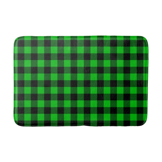 Black Green Plaid Checked Bath Mat (Front)