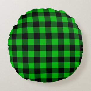Black & Green Plaid Checked Round Cushion