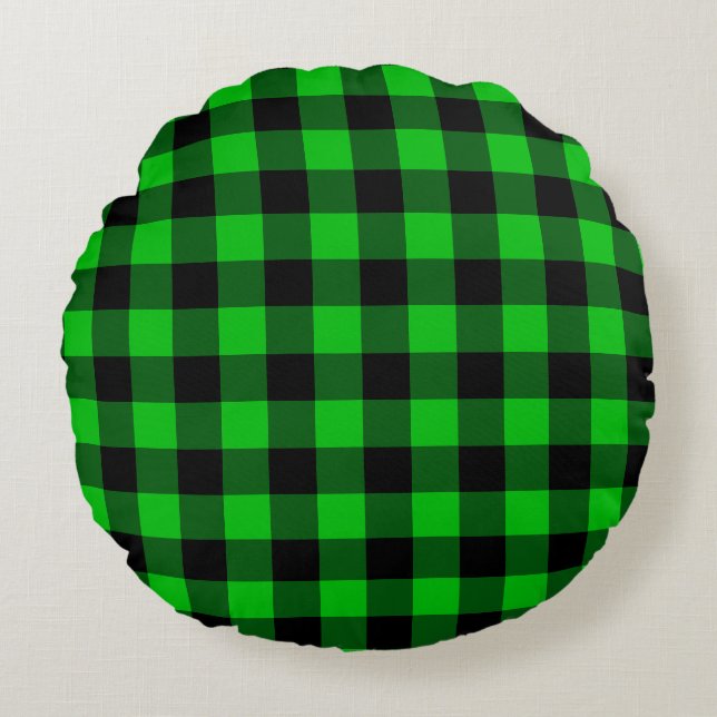 Black & Green Plaid Checked Round Cushion (Front)