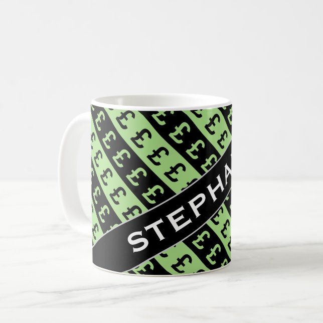 Black & Green Pound Signs (£) Striped Pattern Mug (Front Left)