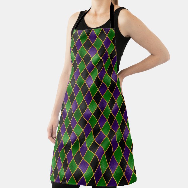 BLACK GREEN PURPLE MARDI GRAS DIAMOND PATTERN APRON (Insitu)