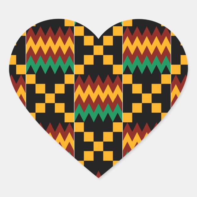 Black, Green, Red, and Yellow Kente Cloth Heart Sticker (Front)