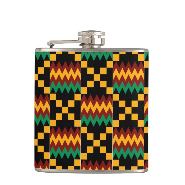 Black, Green, Red, and Yellow Kente Cloth Hip Flask (Front)