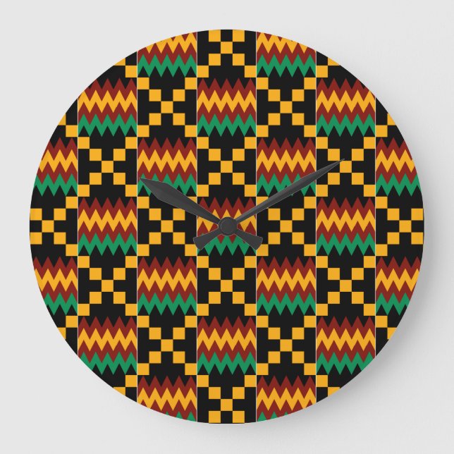 Black, Green, Red, and Yellow Kente Cloth Large Clock (Front)