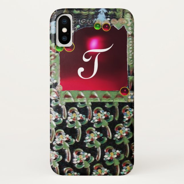 BLACK GREEN RED ART NOUVEAU GEMSTONE MONOGRAM Ruby Case-Mate iPhone Case (Back)