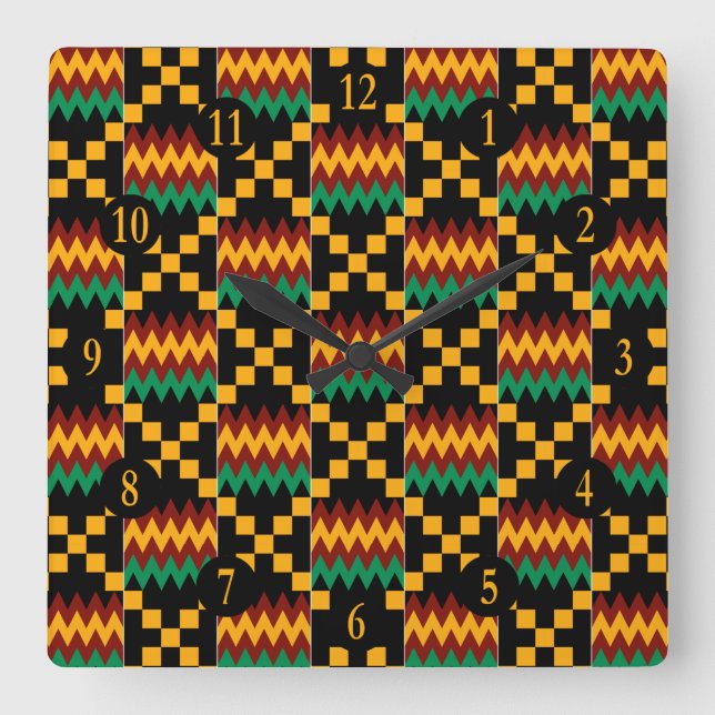 Black, Green, Red, Yellow Numbers Kente Cloth Square Wall Clock (Front)