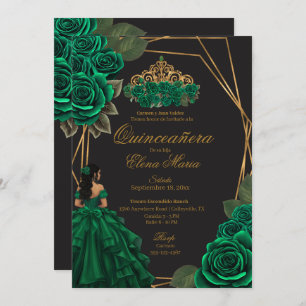 Black Green Roses Gold Princess Quinceañera  Invitation