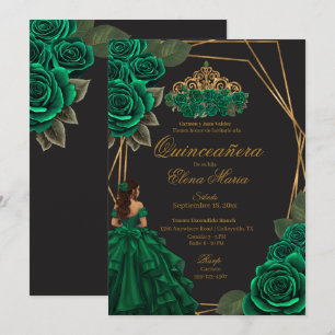 Black Green Roses Gold Princess Quinceañera Invitation