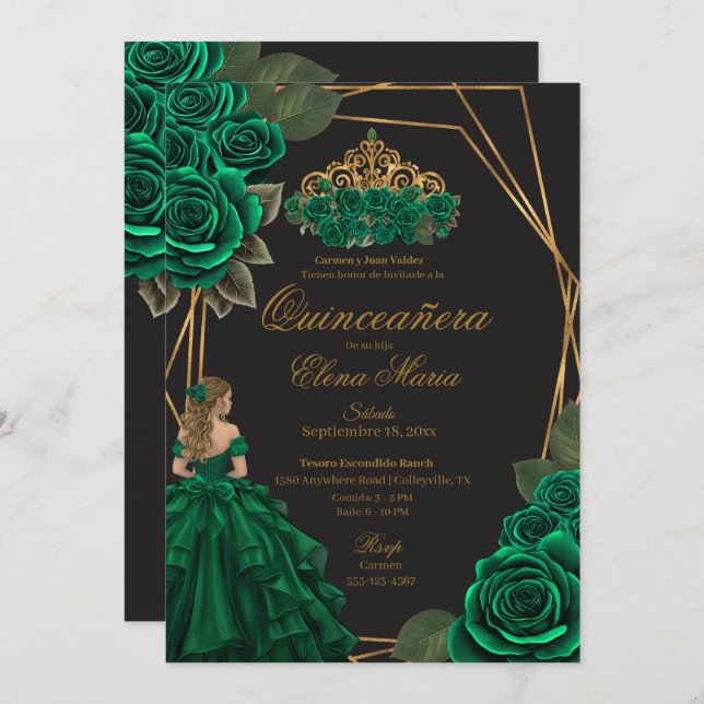 Black Green Roses Gold Princess Quinceañera  Invitation (Front/Back)