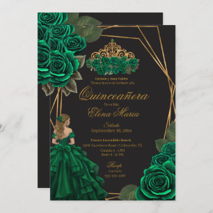 Black Green Roses Gold Princess Quinceañera  Invitation