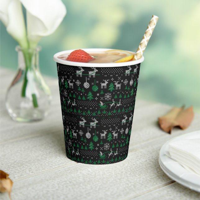 Black Green Santa Reindeer Ugly Christmas Sweater Paper Cups (Insitu)