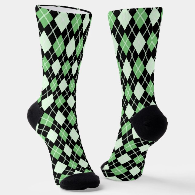 Black & Green Seamless Argyle Pattern  Socks (Angled)