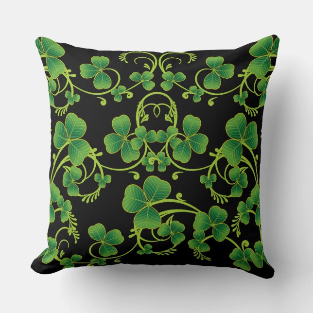 Black & Green Shamrock Vines Throw Pillow (Front)