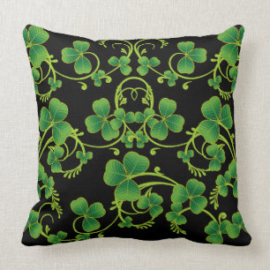 Black & Green Shamrock Vines Throw Pillow