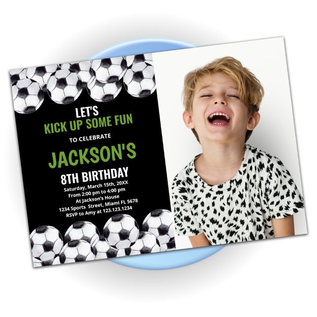 Black Green Soccer Birthday With Photo Invitation (Creator Uploaded)