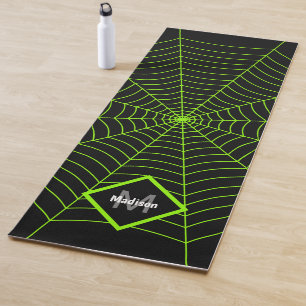 Black green spider web Halloween pattern Monogram Yoga Mat