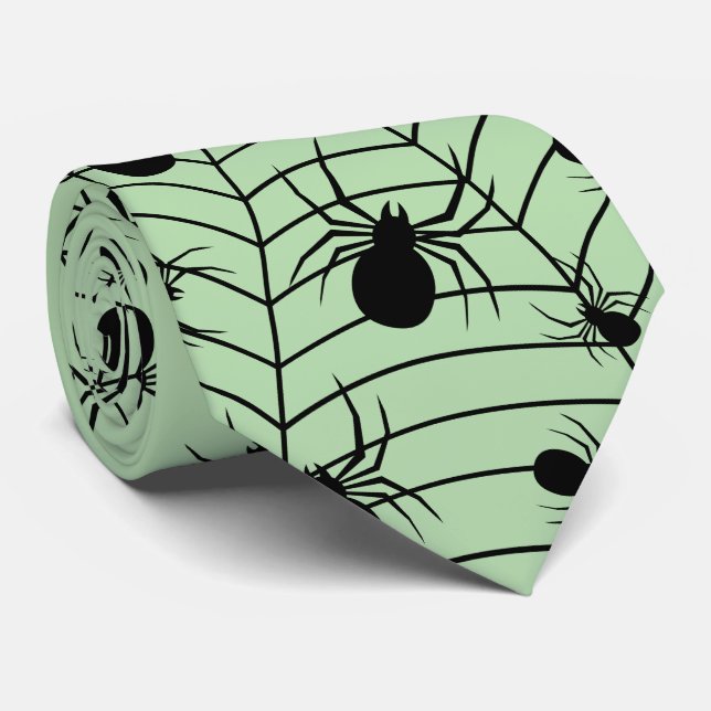 Black Green spiders spiderweb Halloween pattern Tie (Rolled)