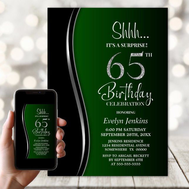 Black Green Surprise 65th Birthday Invitation (Creator Uploaded)