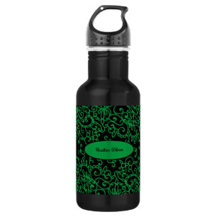 Black Green Swirl Water Bottle with Name