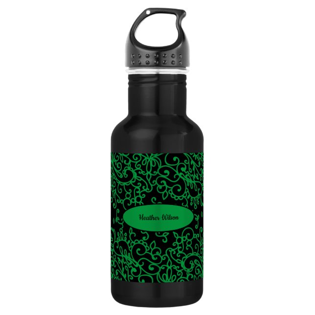 Black Green Swirl Water Bottle with Name (Front)