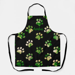 Black Green Texture Paw Print Pattern Personalised Apron