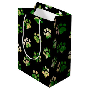 Black Green Textured Paw Print Pattern Medium Gift Bag