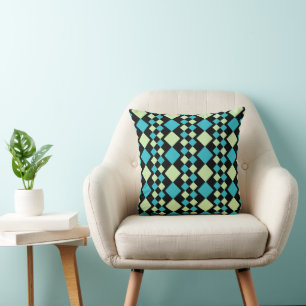 Black green turquoise squares geometric cushion