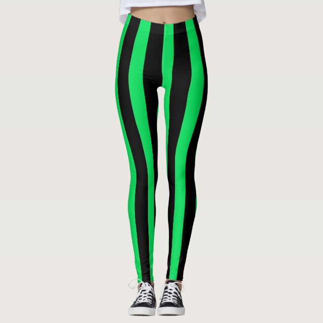 Black & Green Vertical Stripes Halloween Costume Leggings (Front)