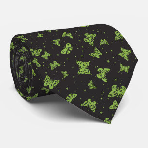 Black green vintage butterfly motif pattern tie