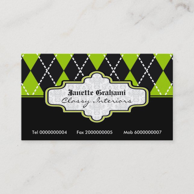 Black green white argyle trendy business cards (Front)