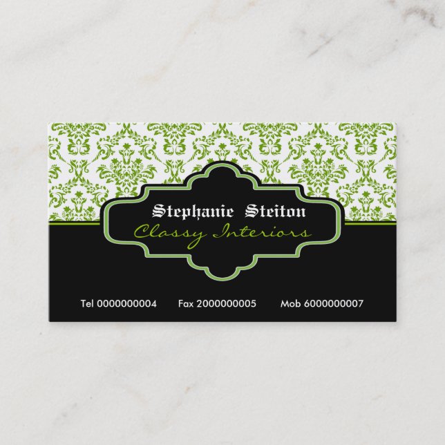 Black green white damask interiors business cards (Front)