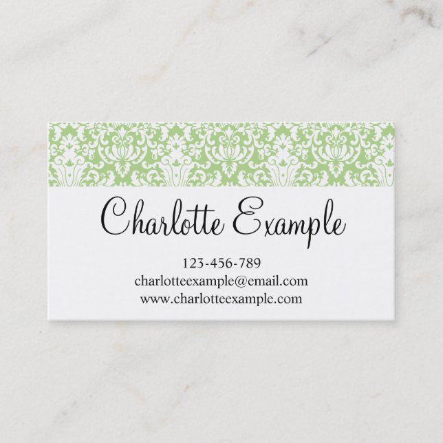 Black Green White Floral Damask Classic Business Card (Front)