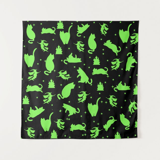 Black & Green Witchy Cats Tapestry (Front)