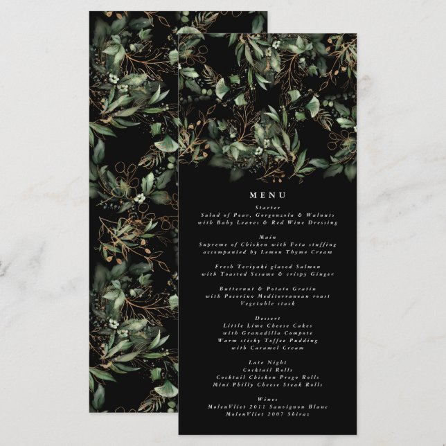 Black Greenery Botanical Eucalyptus Modern Wedding Menu (Front/Back)
