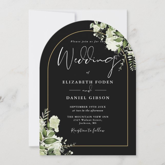 Black Greenery Floral Gold Arch Monogram Wedding Invitation (Front)