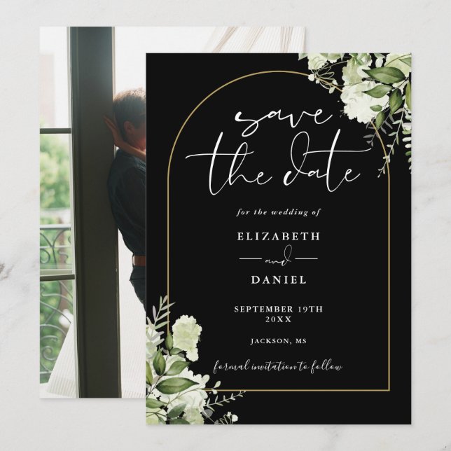 Black Greenery Floral Gold Arch Photo Wedding Save The Date (Front/Back)
